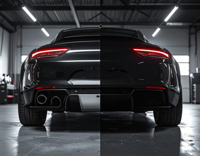 黒いスポーツカーのリアに取り付けられた通常マフラーと電子マフラーを比較したイメージ写真